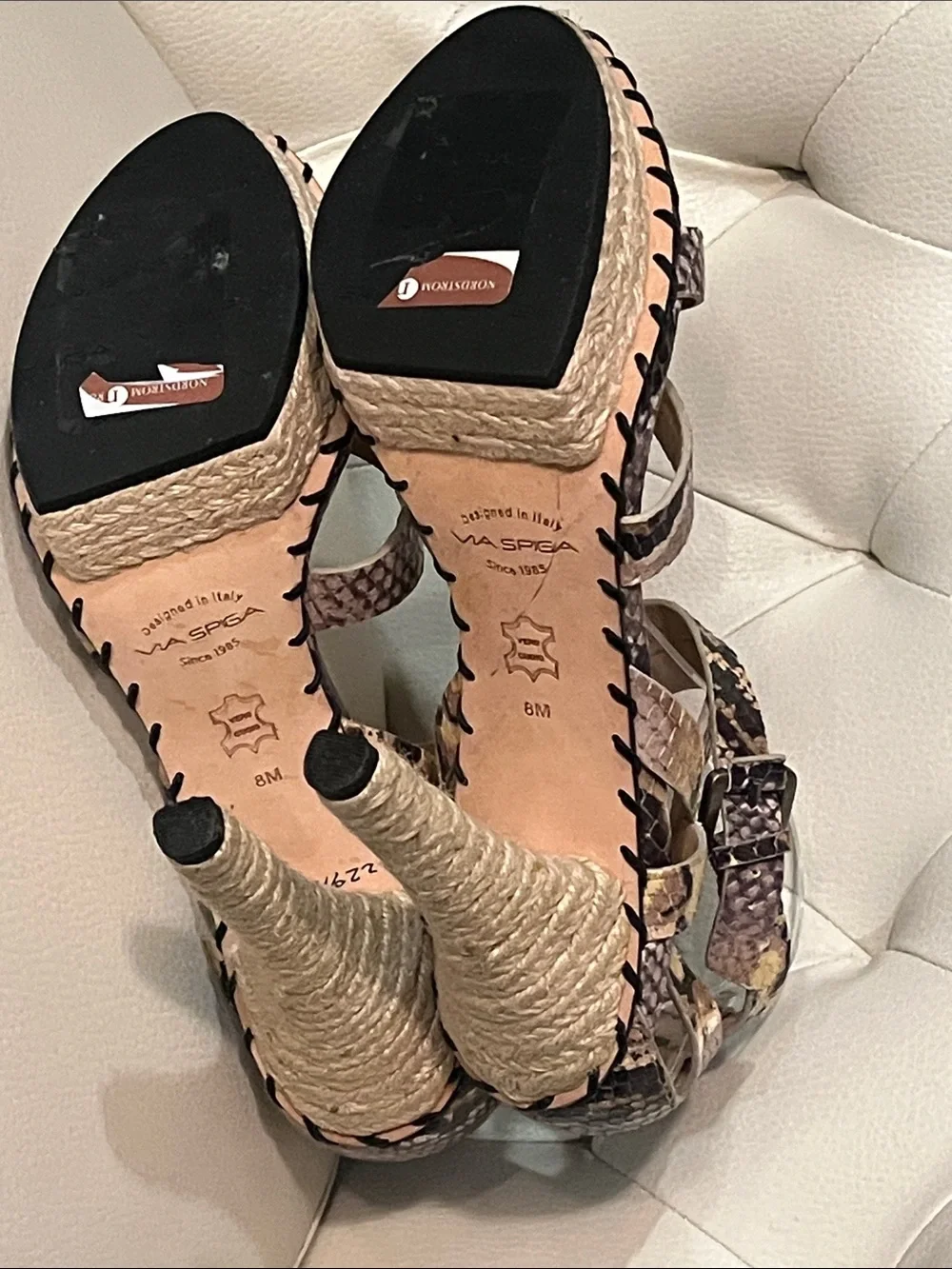 Via Spiga Snake-Print Brown Strappy High Heel Sandals Espadrille design Size 8